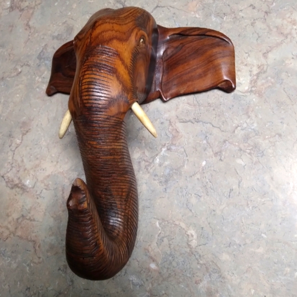Vintage Hand carved wooden Elephant Head Wall Hanger